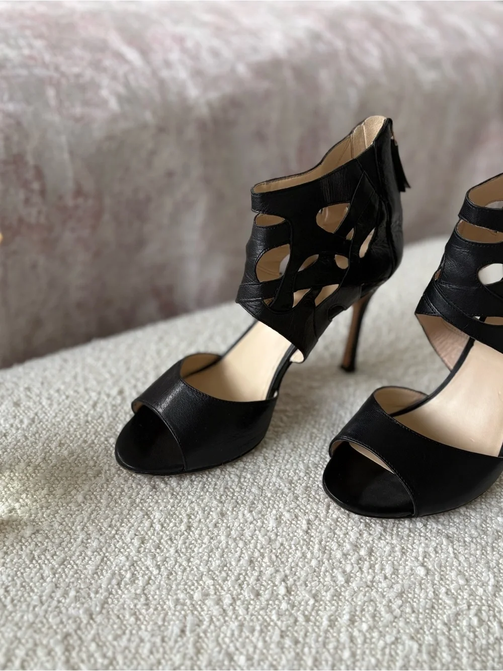 Nine West Black Leather Cutout Peep-Toe High Heels
